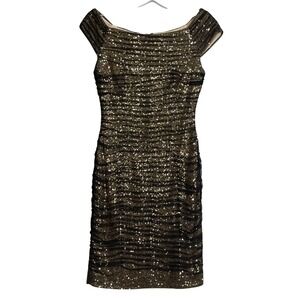 Lauren Ralph‎ Lauren Evening Sequin Mesh Ruched Sheath Dress Womens 6 P Cocktail